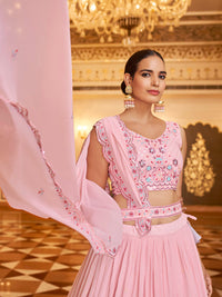 Thumbnail for Myra Pink Gorgette Embroidered Designer Lehenga Choli - Distacart