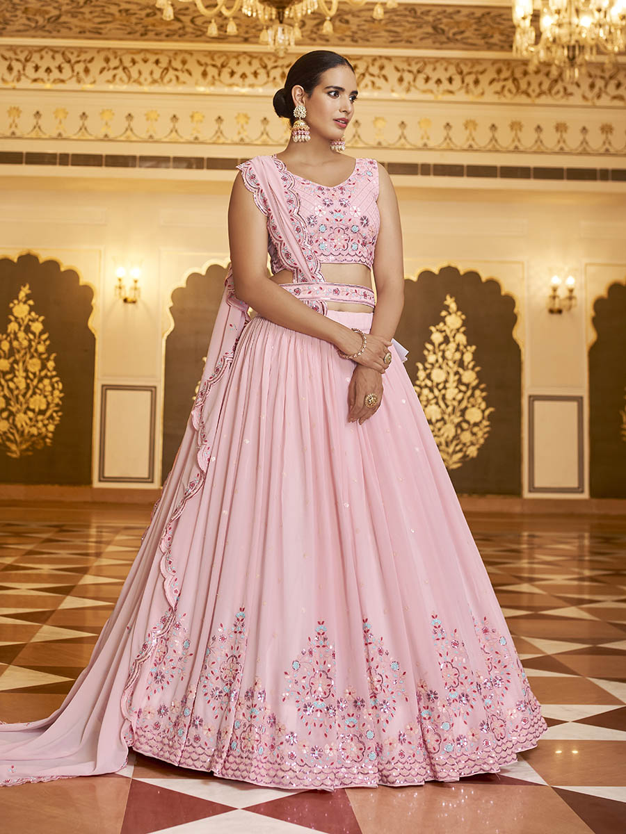 Myra Pink Gorgette Embroidered Designer Lehenga Choli - Distacart
