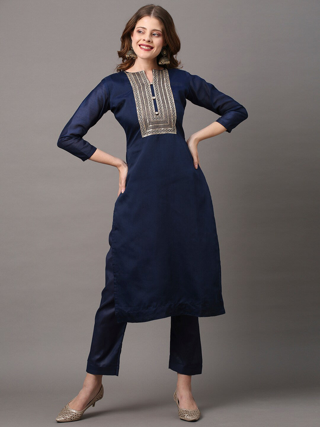 Saree Mall Navy Blue & Gold-Toned Embroidered Unstitched Dress Material - Distacart