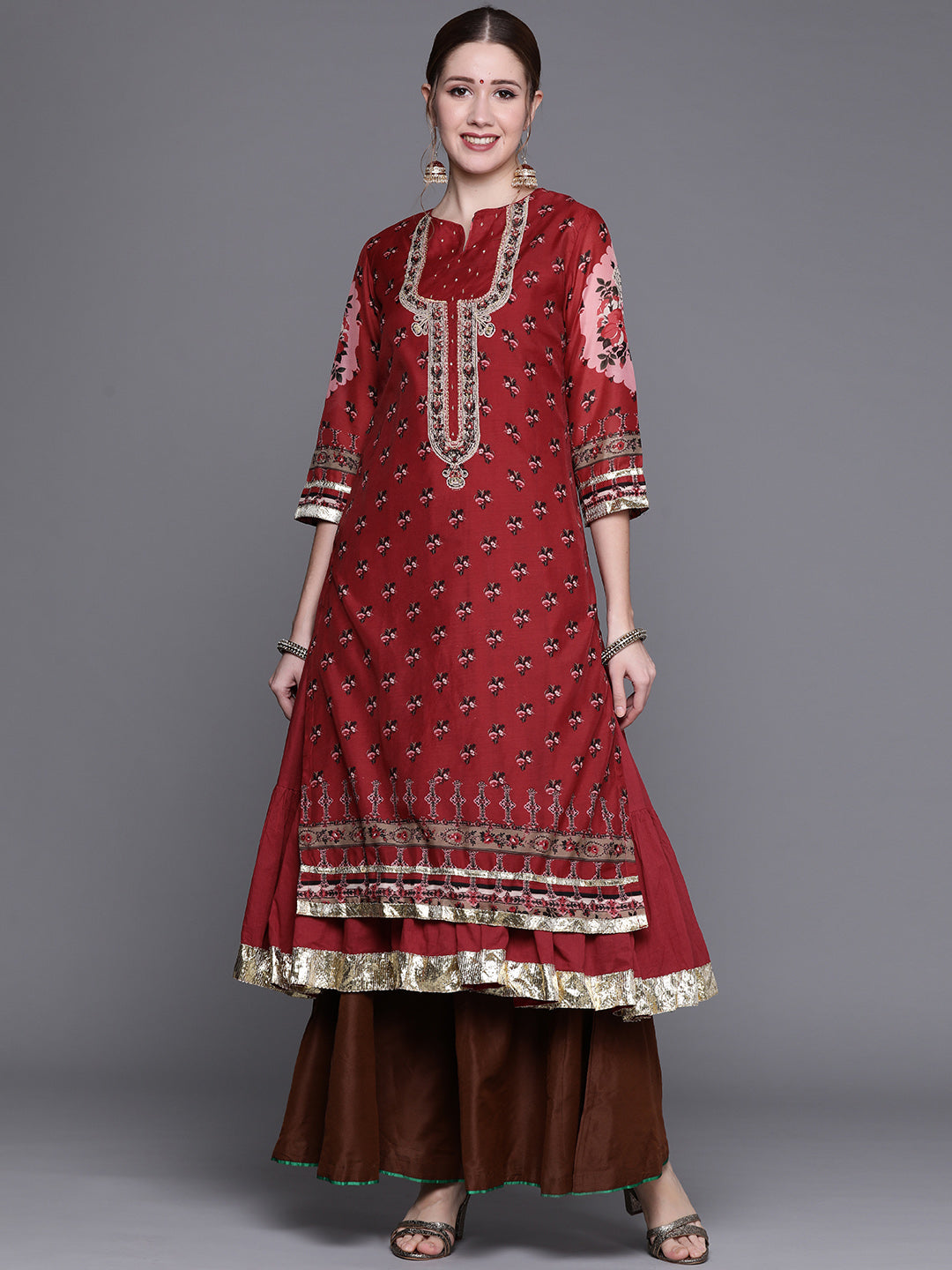 Biba Women Red & Black Ethnic Motifs Woven Design Gotta Patti Winter Kurta - Distacart