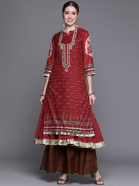 Thumbnail for Biba Women Red & Black Ethnic Motifs Woven Design Gotta Patti Winter Kurta - Distacart