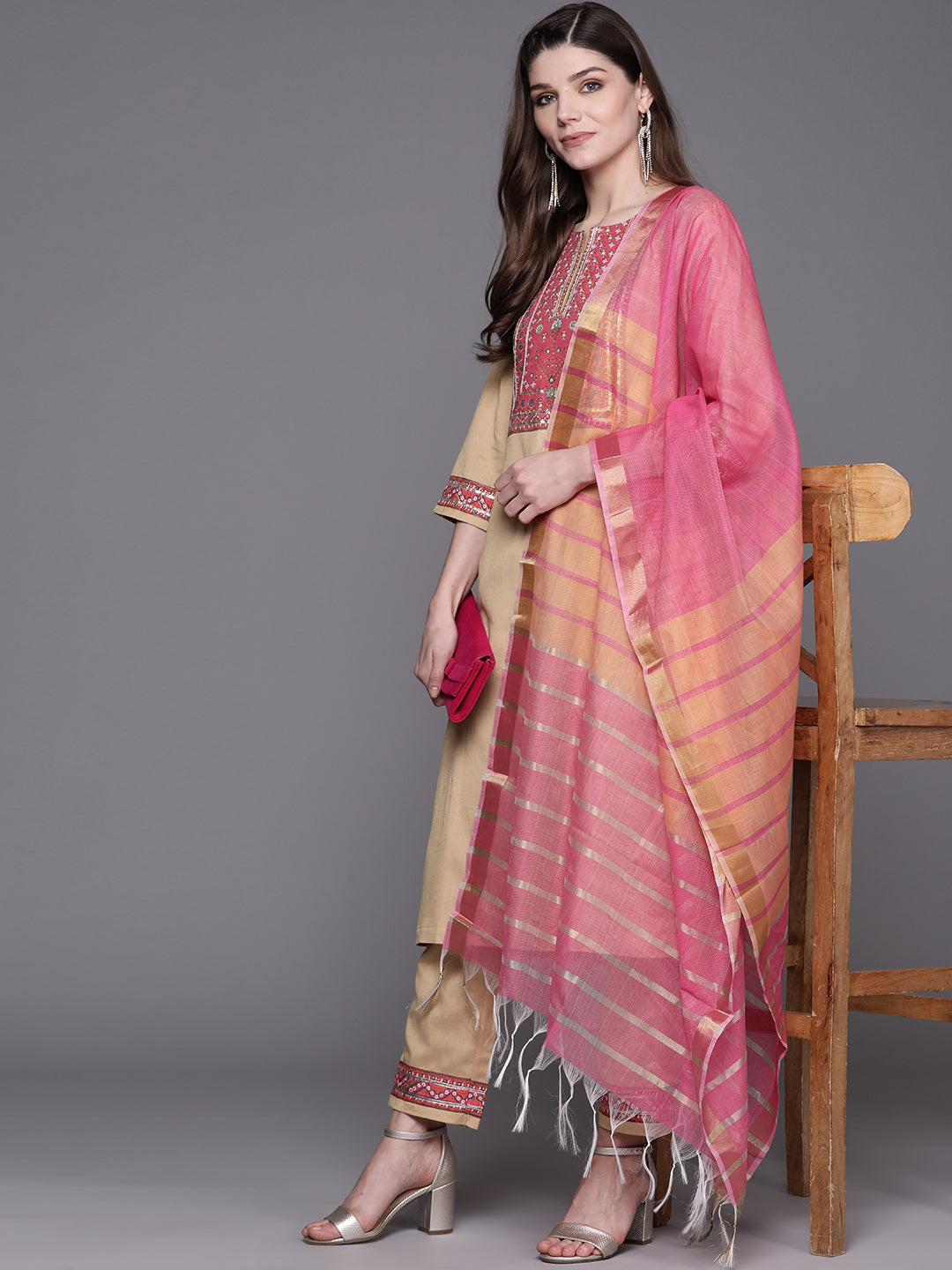 Biba Women Beige & Pink Solid Kurta with Trousers & Dupatta - Distacart