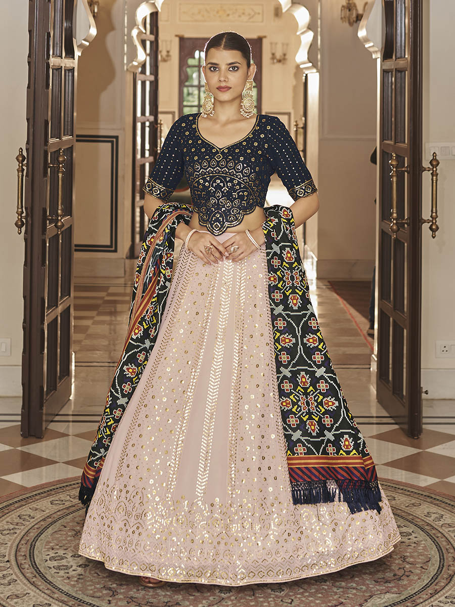 Myra Pink and Navy Blue Georgette Designer Lehenga Choli - Distacart