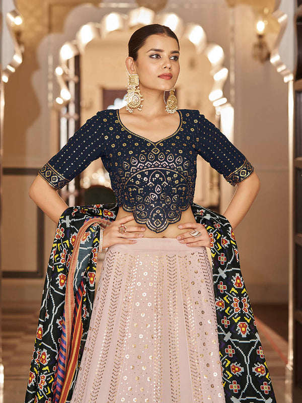 Myra Pink and Navy Blue Georgette Designer Lehenga Choli - Distacart