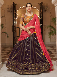 Thumbnail for Myra Purple and Mustard Yellow Georgette Designer Lehenga Choli - Distacart