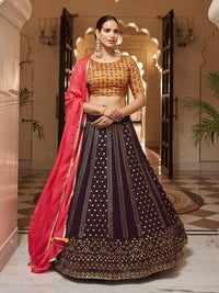 Thumbnail for Myra Purple and Mustard Yellow Georgette Designer Lehenga Choli - Distacart