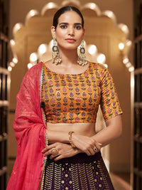 Thumbnail for Myra Purple and Mustard Yellow Georgette Designer Lehenga Choli - Distacart