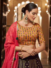 Thumbnail for Myra Purple and Mustard Yellow Georgette Designer Lehenga Choli - Distacart