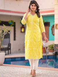Thumbnail for Sangria Yellow Embroidered Pure Cotton Straight Kurta With Trouser & Dupatta - Distacart