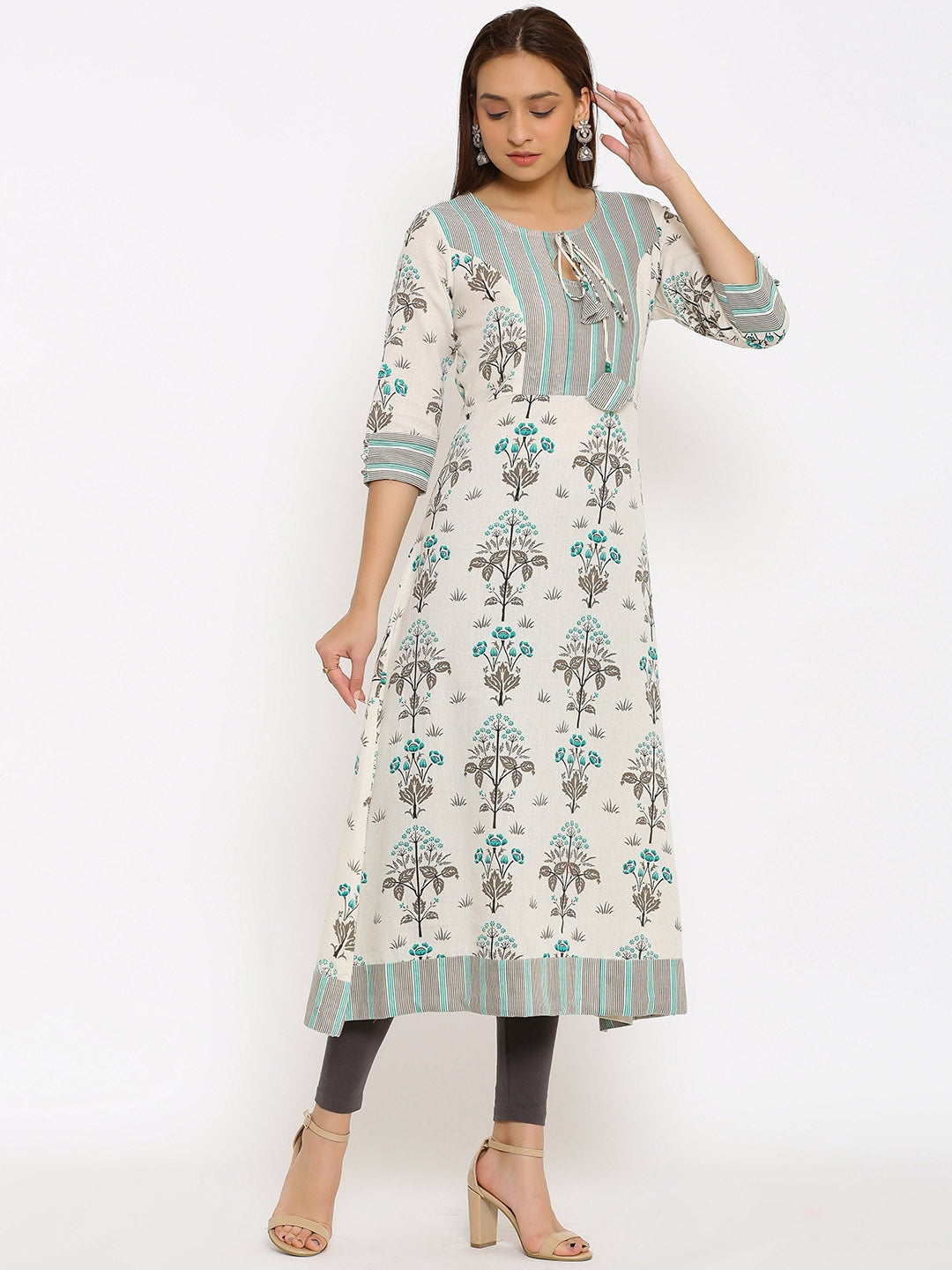 HERE&NOW Off-White & Grey Floral Printed Cotton Flax A-Line Kurta - Distacart