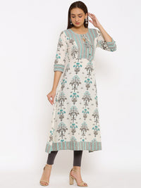 Thumbnail for HERE&NOW Off-White & Grey Floral Printed Cotton Flax A-Line Kurta - Distacart