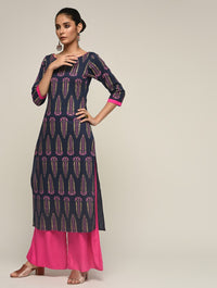 Thumbnail for Maai Rayon Hand Printed Kurta Navy - Distacart