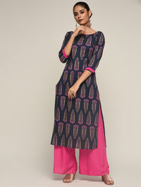 Thumbnail for Maai Rayon Hand Printed Kurta Navy - Distacart