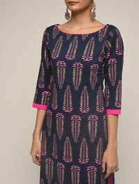 Thumbnail for Maai Rayon Hand Printed Kurta Navy - Distacart