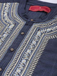 Thumbnail for House of Pataudi Men Navy Blue Embroidered Striped Pattern Jashn Kurta - Distacart