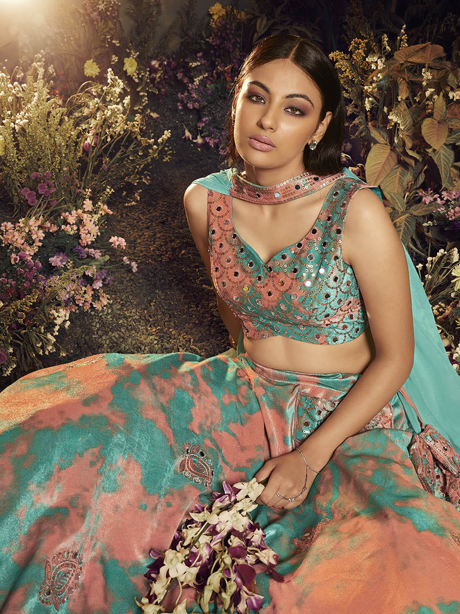 Myra Turquoise Orange Velvet Embroidered Designer Lehenga - Distacart