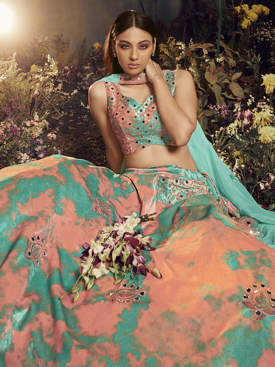 Myra Turquoise Orange Velvet Embroidered Designer Lehenga - Distacart