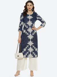 Thumbnail for Biba Women Navy Blue & White Ethnic Motifs Printed Kurta - Distacart