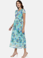 Thumbnail for Souchii Sea Green & Blue Floral Printed A-Line Dress - Distacart