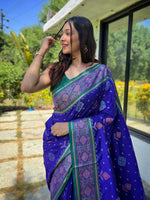 Thumbnail for Mitera Blue & Green Woven Design Zari Patola Saree - Distacart
