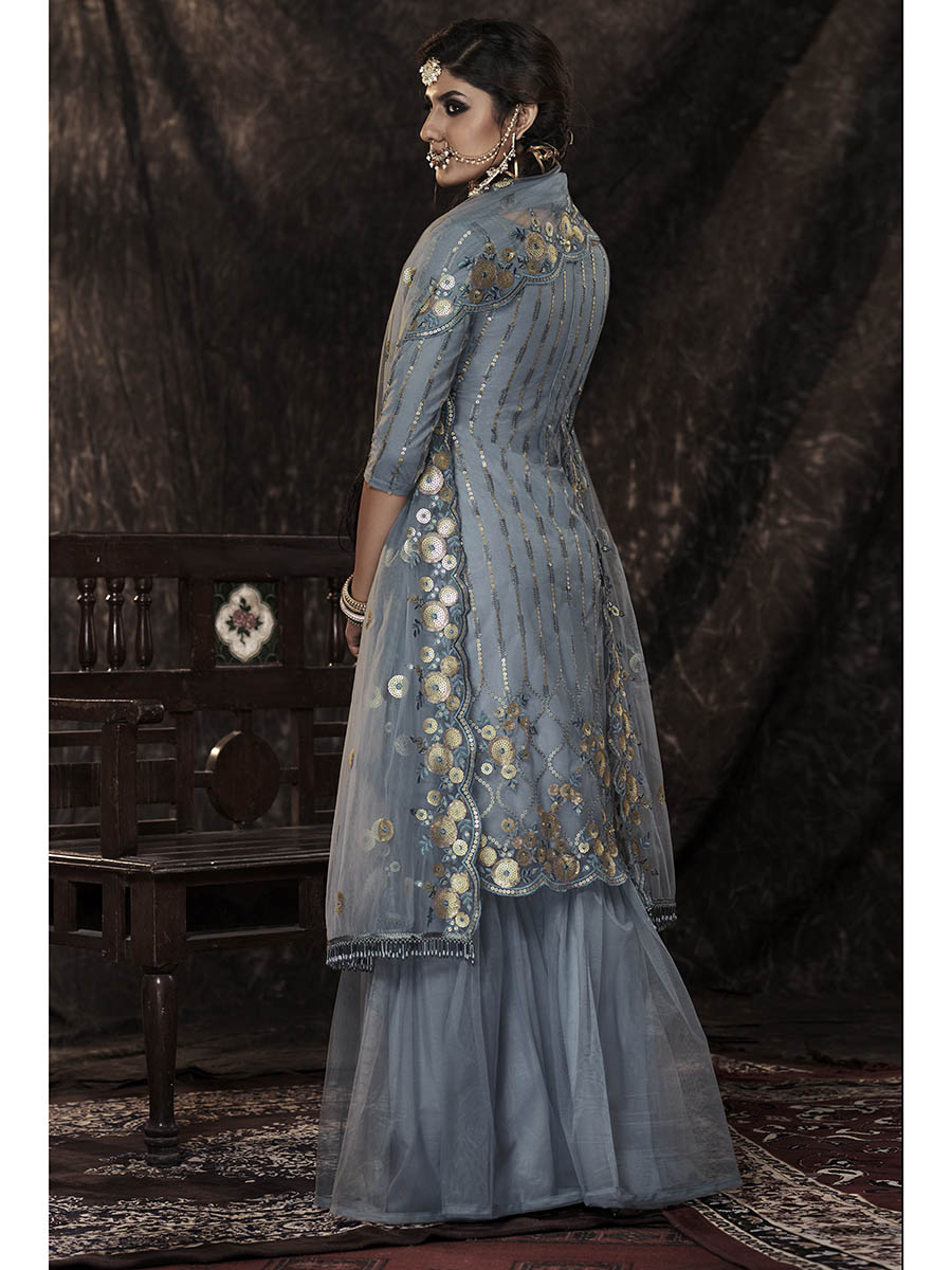 Myra Grey Net Embroidered Sharara Suit - Distacart