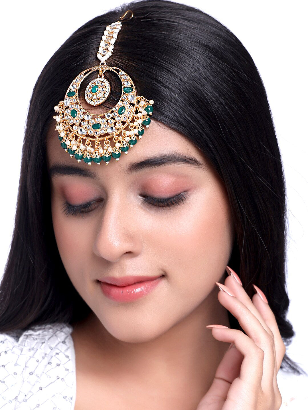 Yellow Chimes Gold-Plated White & Green Kundan-Studded & Beaded Maang Tikka - Distacart