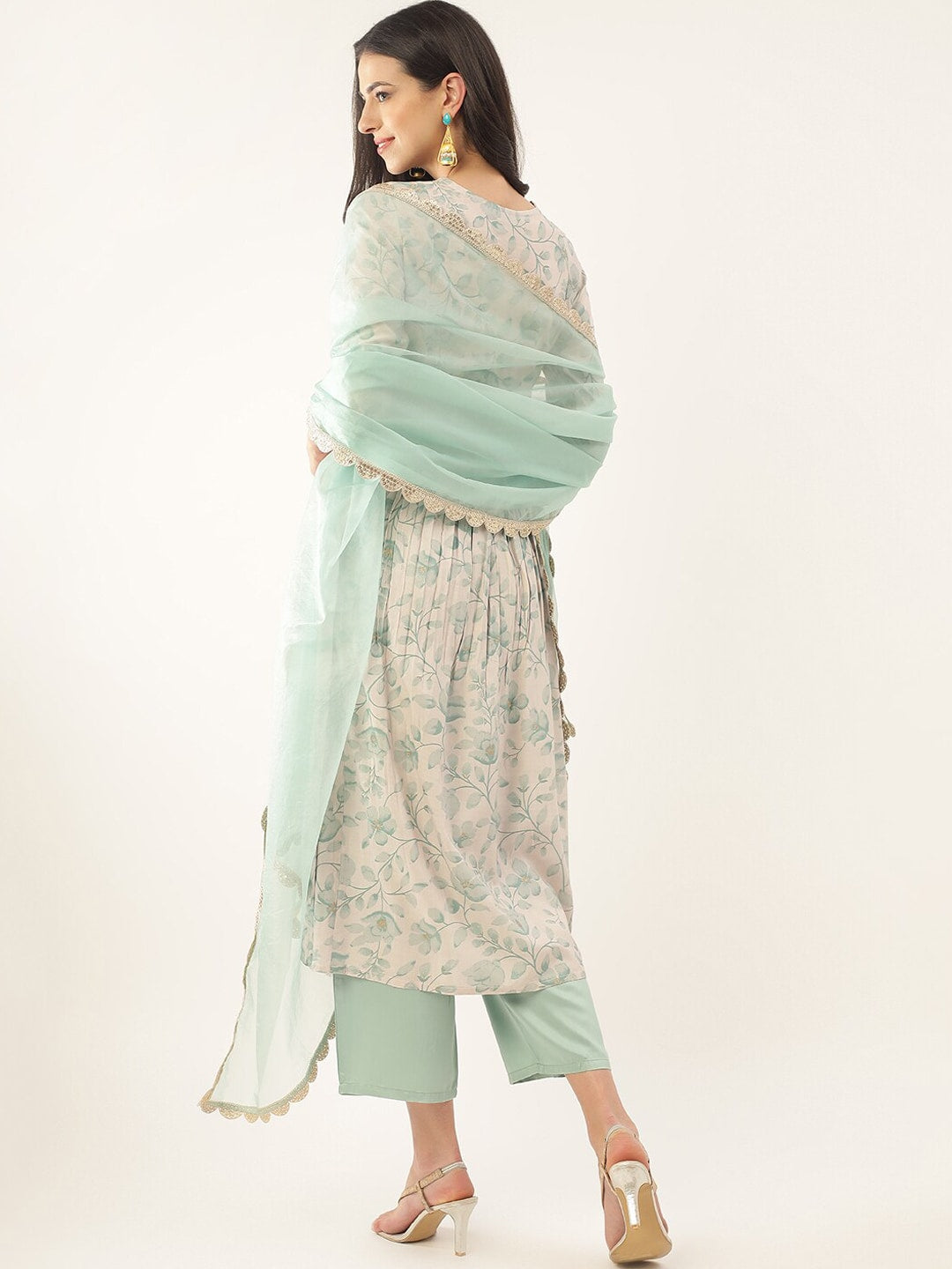 Khushal K Floral Printed Empire Thread & Mirror Work Kurta with Palazzos & Dupatta - Distacart