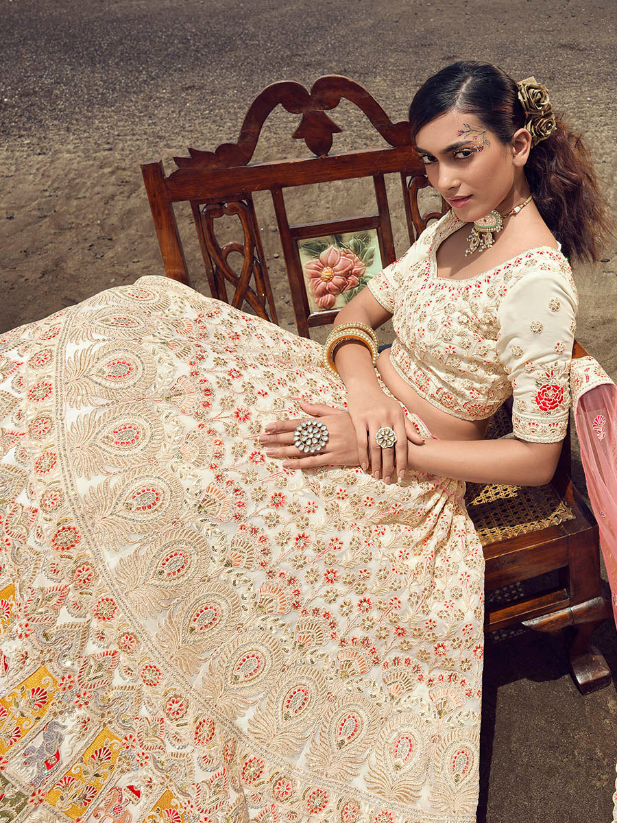 Myra White Georgette Embroidered Designer Lehenga Choli - Distacart