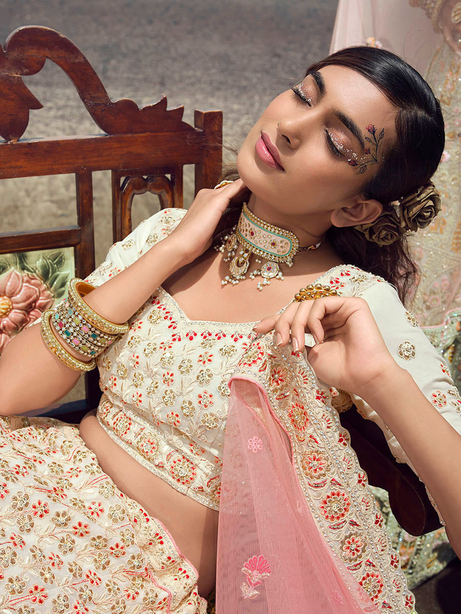 Myra White Georgette Embroidered Designer Lehenga Choli - Distacart
