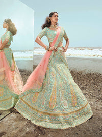 Thumbnail for Myra Turquoise Organza Embroidered Designer Lehenga Choli - Distacart