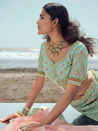 Thumbnail for Myra Turquoise Organza Embroidered Designer Lehenga Choli - Distacart