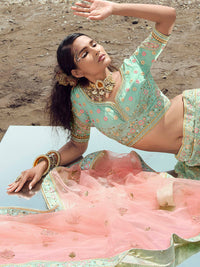 Thumbnail for Myra Turquoise Organza Embroidered Designer Lehenga Choli - Distacart