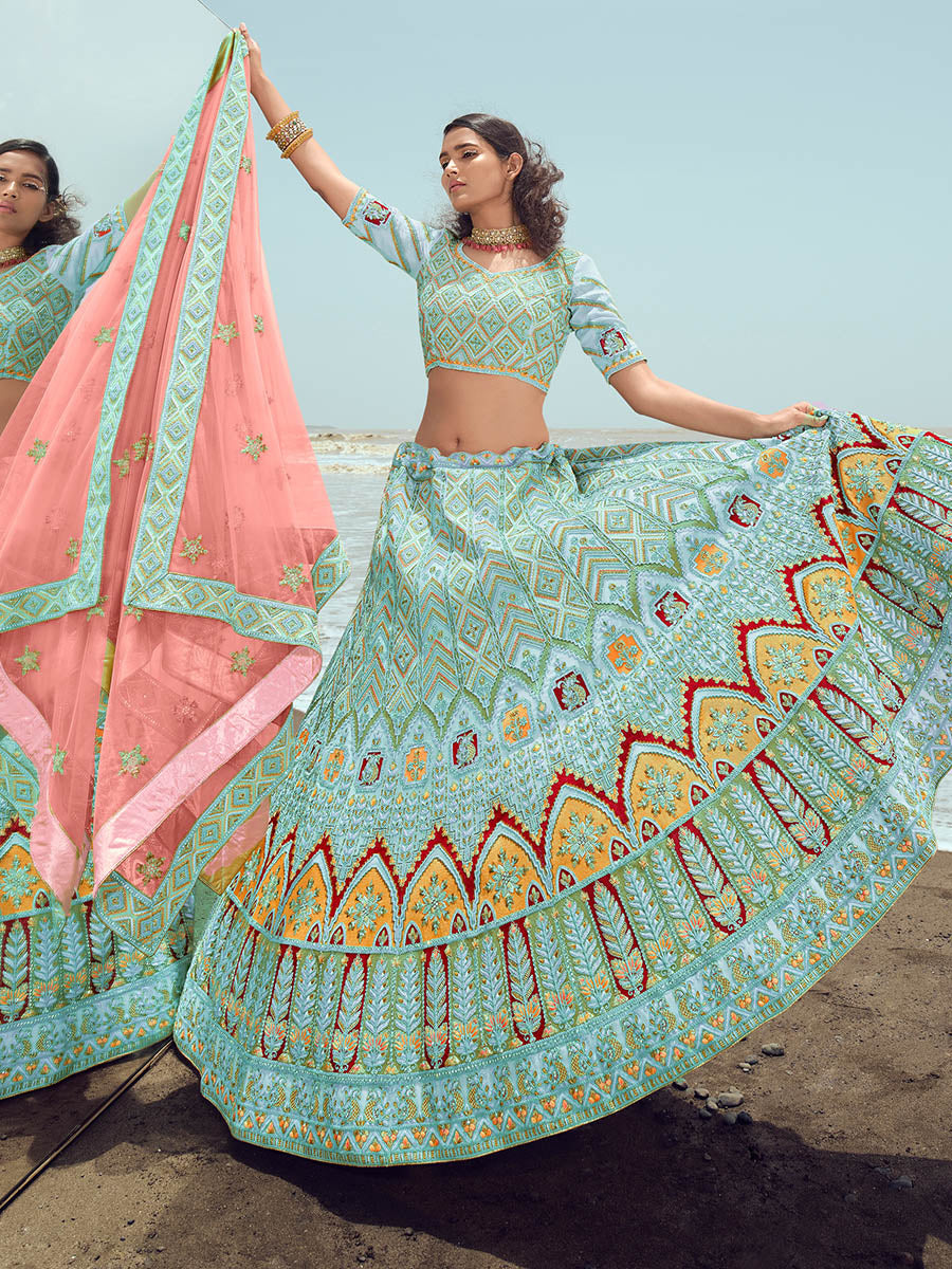 Myra Turquoise Georgette Embroidered Designer Lehenga Choli - Distacart