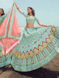 Thumbnail for Myra Turquoise Georgette Embroidered Designer Lehenga Choli - Distacart