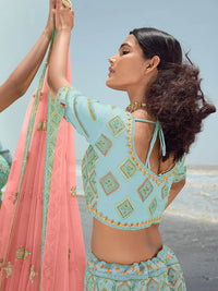 Thumbnail for Myra Turquoise Georgette Embroidered Designer Lehenga Choli - Distacart
