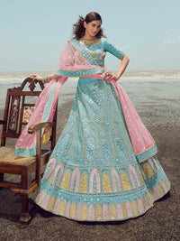 Thumbnail for Myra Turquoise Organza Embroidered Designer Lehenga Choli - Distacart