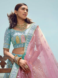 Thumbnail for Myra Turquoise Organza Embroidered Designer Lehenga Choli - Distacart