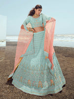 Thumbnail for Myra Turquoise Georgette Embroidered Designer Lehenga Choli - Distacart