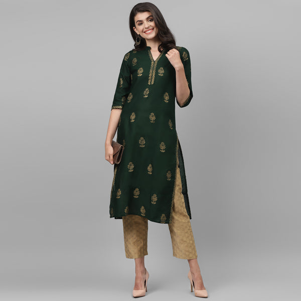 Maai Rayon Hand Printed Kurta Green - Distacart