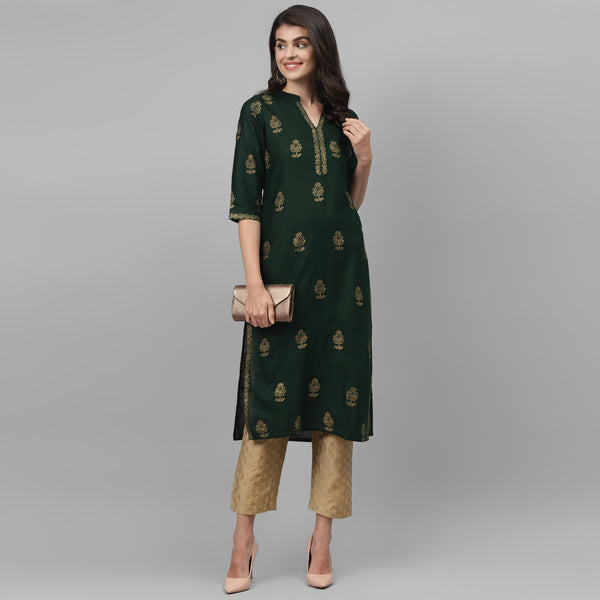 Maai Rayon Hand Printed Kurta Green - Distacart