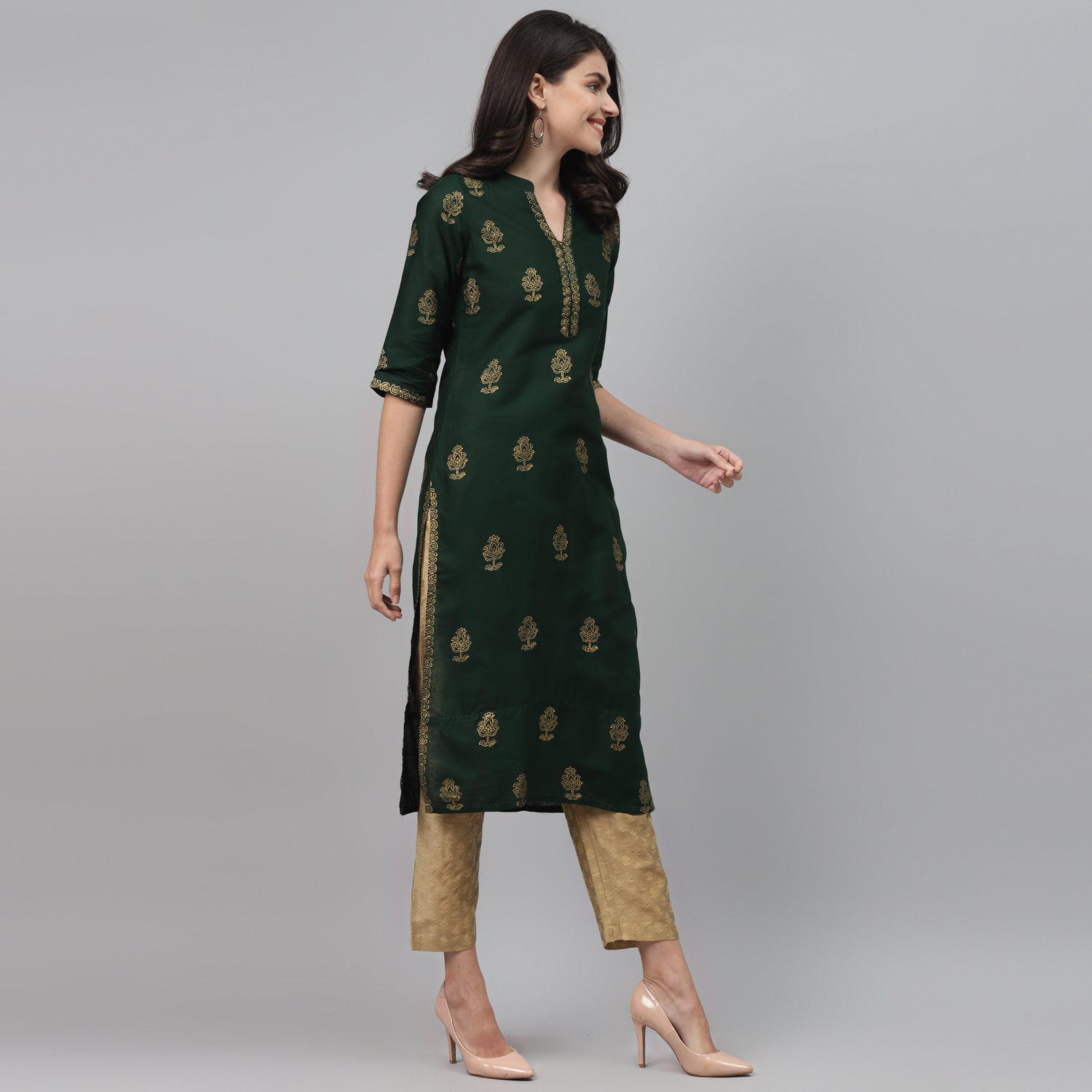 Maai Rayon Hand Printed Kurta Green - Distacart