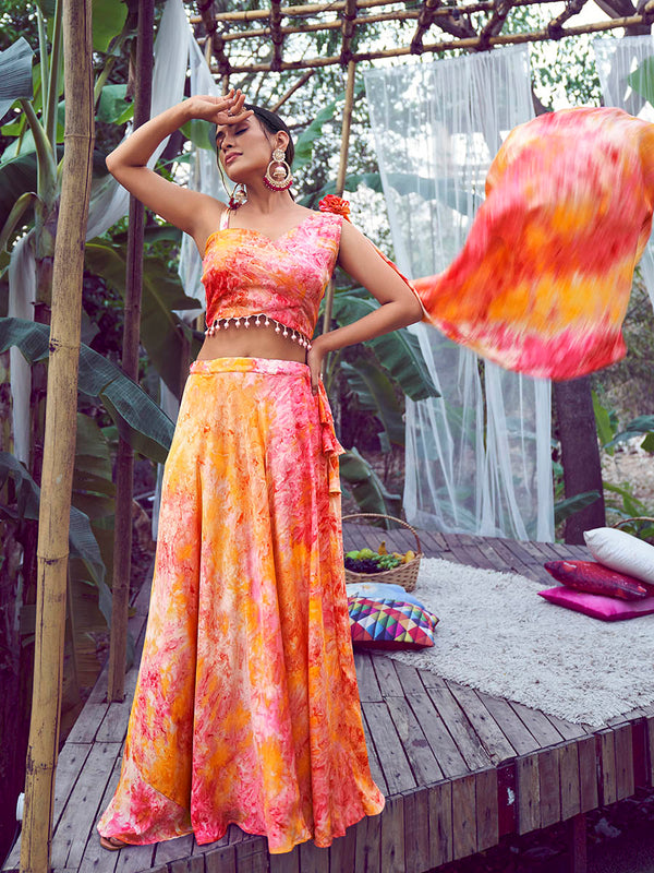 Myra Orange Silk Digital Printed Designer Lehenga - Distacart