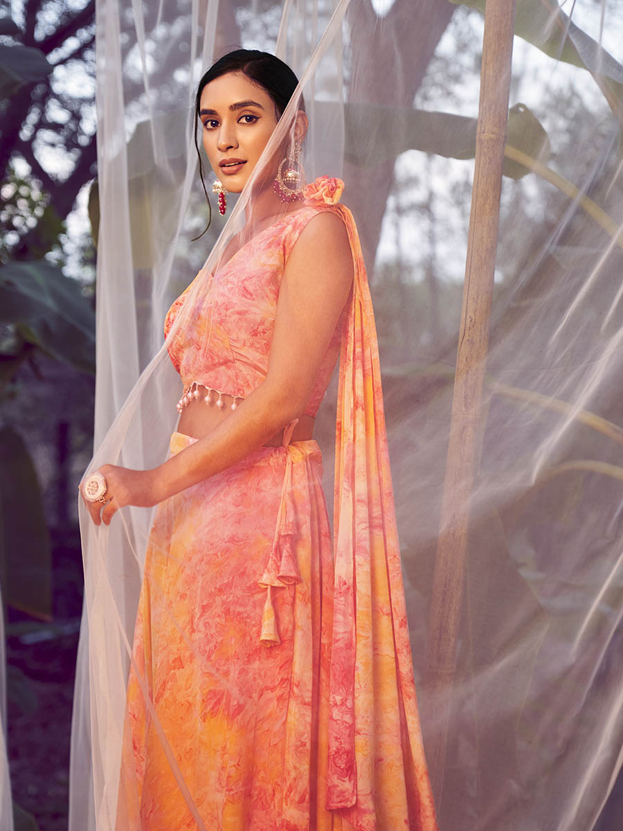 Myra Orange Silk Digital Printed Designer Lehenga - Distacart