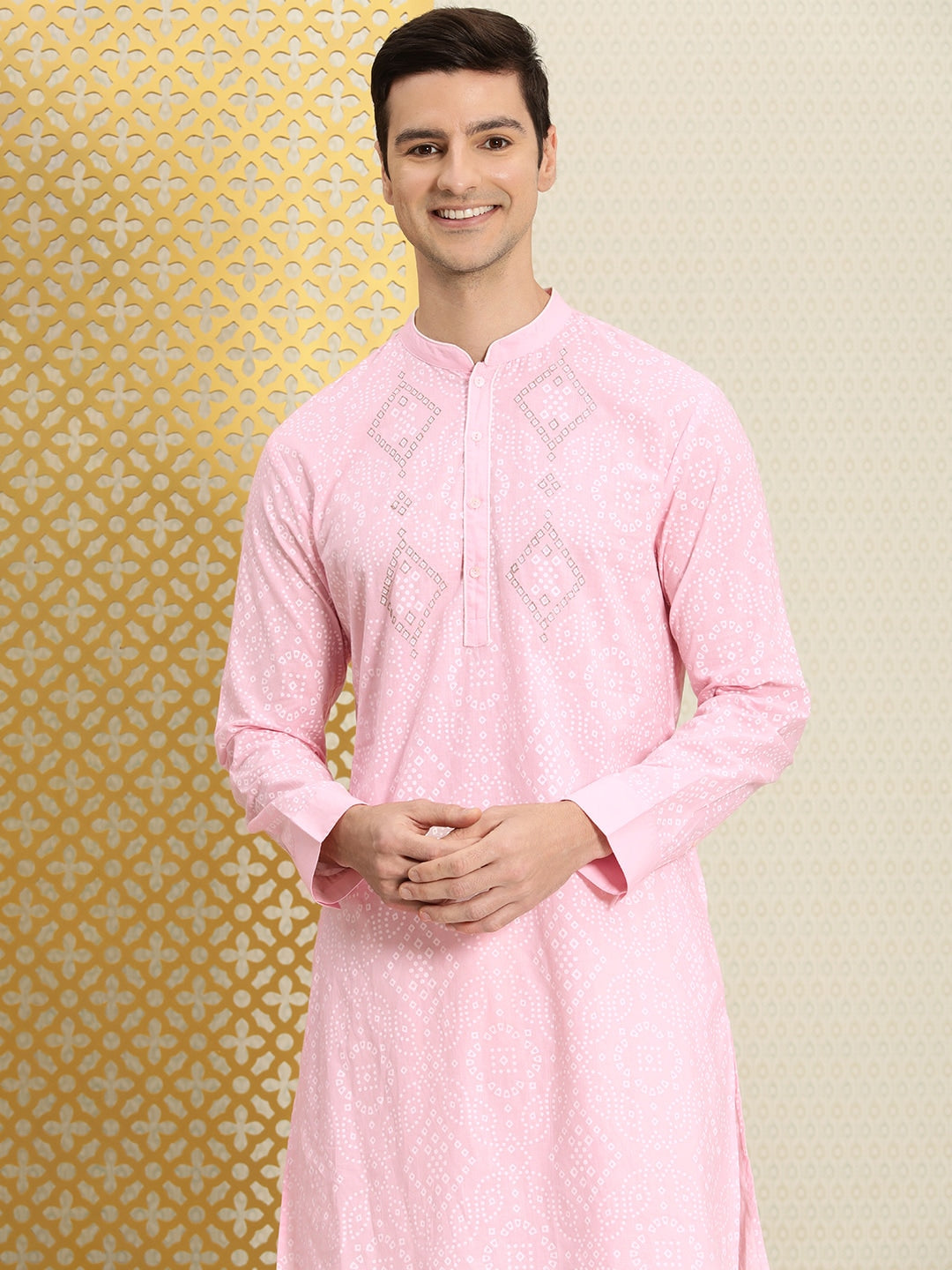House of Pataudi Men Pink & White Bandhani Printed Pure Cotton Jashn Kurta - Distacart