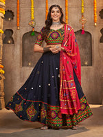 Thumbnail for Myra Navy Blue Viscose Rayon and Cotton Embroidered with Print Designer Lehenga - Distacart