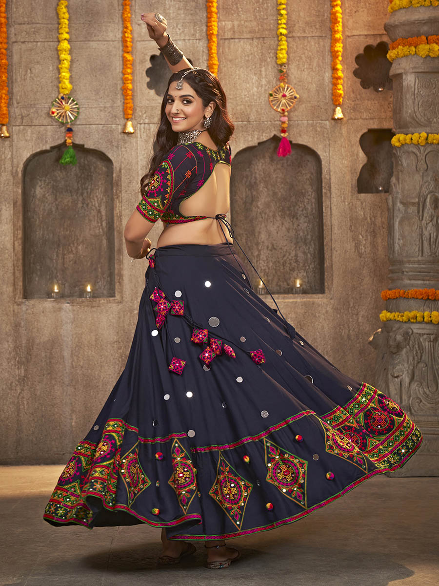 Myra Navy Blue Viscose Rayon and Cotton Embroidered with Print Designer Lehenga - Distacart