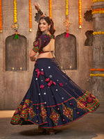 Thumbnail for Myra Navy Blue Viscose Rayon and Cotton Embroidered with Print Designer Lehenga - Distacart
