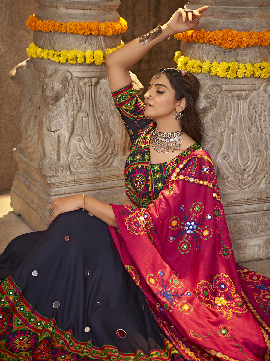 Myra Navy Blue Viscose Rayon and Cotton Embroidered with Print Designer Lehenga - Distacart