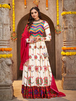 Thumbnail for Myra Pearl White Viscose Rayon and Cotton Embroidered with Print Designer Lehenga - Distacart