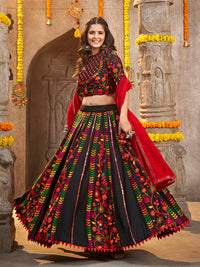 Thumbnail for Myra Black Viscose Rayon and Cotton Embroidered with Print Designer Lehenga - Distacart